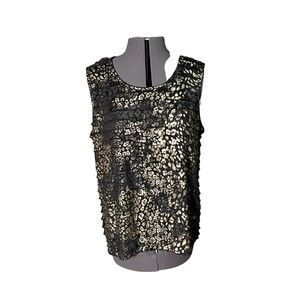 CJ Banks Black and Gold Cheetah Ruffle Texture Tank Shirt Blouse Shimmer SZ 1X